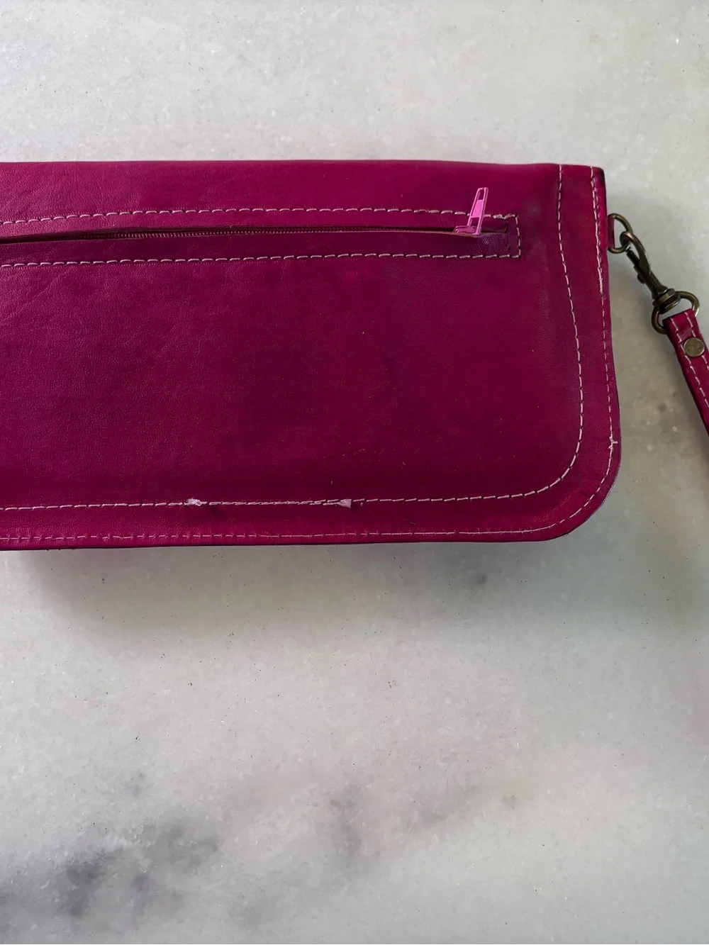 Authentic Moroccan Hand-Tooled Leather Clutch Wallet | Magenta Wristlet